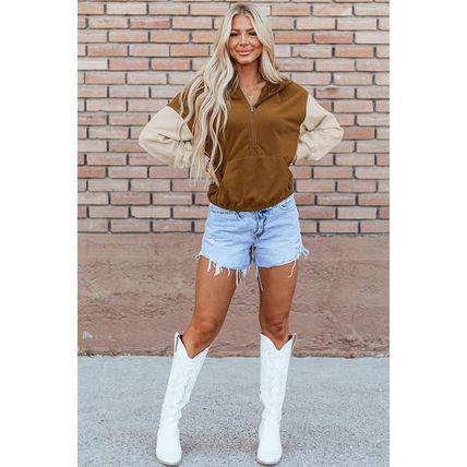 Chestnut Color Block Half Zip Kangaroo Pocketed Hoodie