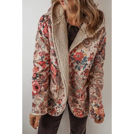 Beige Vintage Paisley Floral Printed Sherpa Lined Hooded Jacket