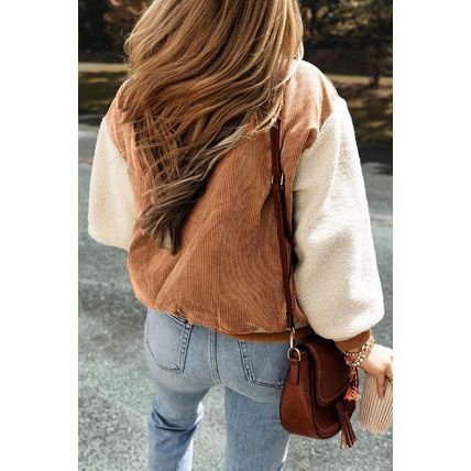 Buckskin Corduroy Fleece Patchwork Buttoned Bomber Jacket