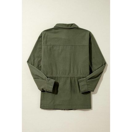 Moss Green Snap Button Zipper Tight Waist Collared Jacket