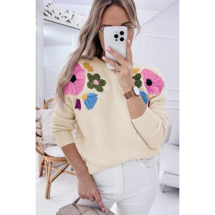 Beige Knitted Flower Pattern Ribbed Edge Sweater