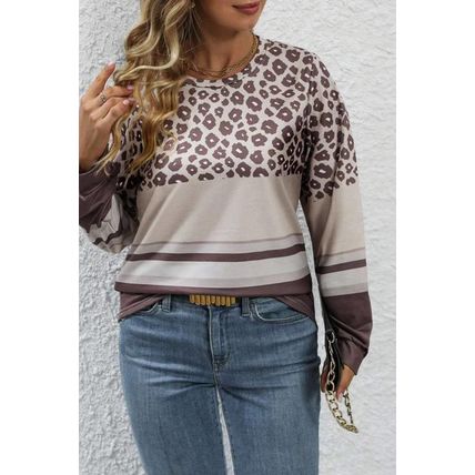 Coffee Plus Size Leopard Striped Long Sleeve Crew Neck Top
