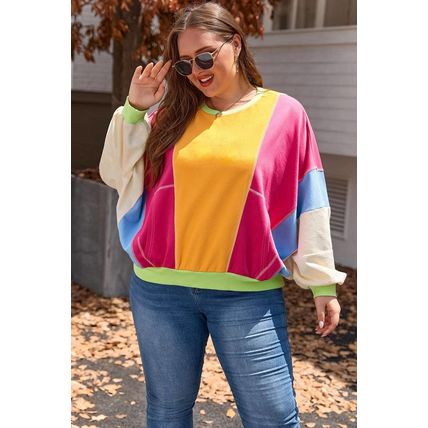 Rose Red Plus Size Colorblock Patchwork Exposed Seam Sweatshirt
