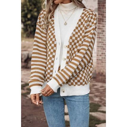 Brown Checkered Striped Patched Buttoned V Neck Cardigan