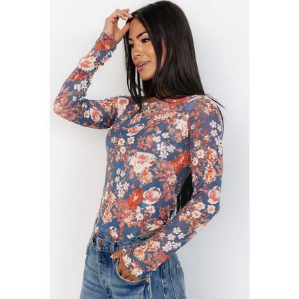 Orchid Petal Floral Print Mesh Fitted Long Sleeve Top