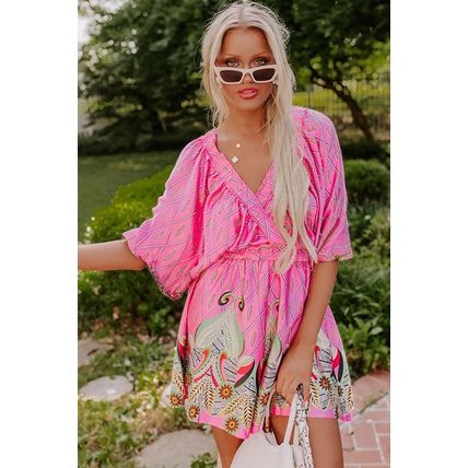 Pink Paisley Geometric Print V Neck High Waist Romper