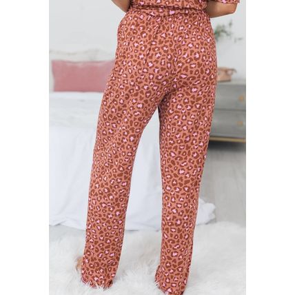 Brown Leopard Print Short Sleeve Shirt and Pants Pajamas Set