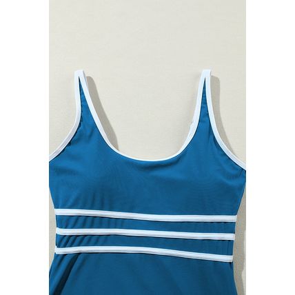 Dark Blue Contrast Trim Colorblock U Neck One Piece Swimwear