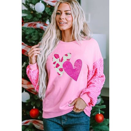 Pink Valentines Heart Graphic Sequin Patchwork Long Sleeve Top