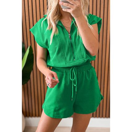 Bright Green Textured Short Sleeve Half Zip Drawstring Waist Romper