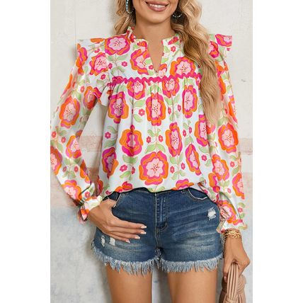 Rose Floral Printed Ruffled Long Sleeve Blouse