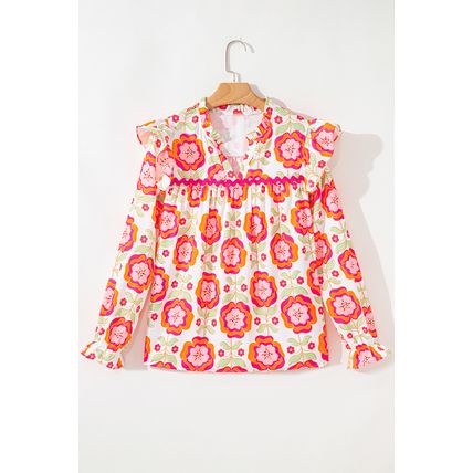 Rose Floral Printed Ruffled Long Sleeve Blouse