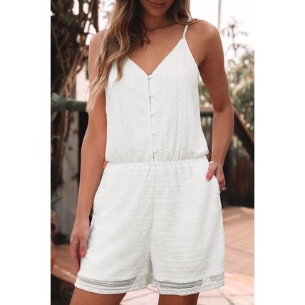 White Lace Spaghetti Strap V Neck Loose Fit Romper