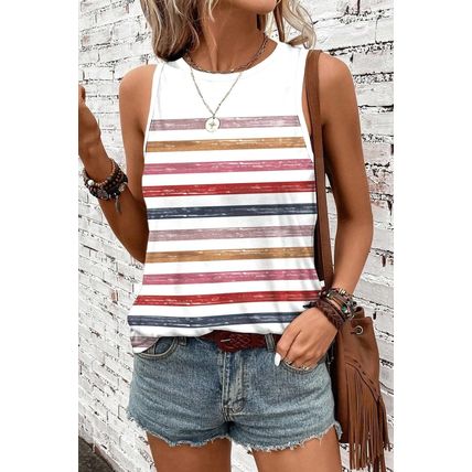 Red Stripe Rainbow Round Neck Tank Top