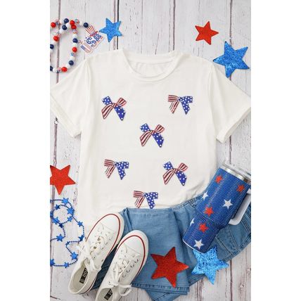 White Sequin Flag Bow Pattern Crew Neck Patriotic Tee
