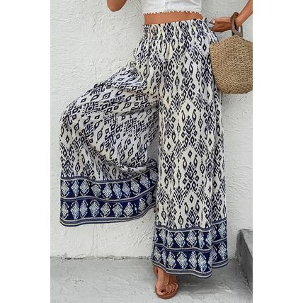 Blue Boho Pattern Print High Waist Wide Leg Loose Pants