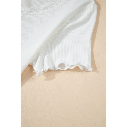 White Lace V Neckline Ribbed Slim Fit T Shirt
