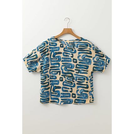 Beige Abstract Print Short Sleeve Loose Top