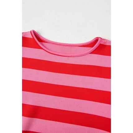 Red Stripe Flutter Sleeve Round Neck T Shirt