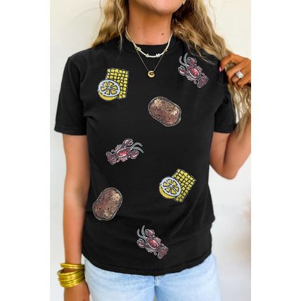Black Sequin Crawfish Potato Lemon Corn Graphic Crewneck T Shirt
