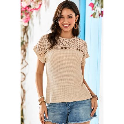 Oatmeal Lace Patchwork Waffle Short Sleeve Top
