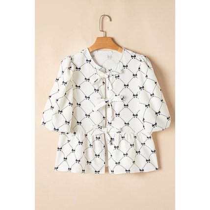 White Bowknot Print Front Knots Bubble Sleeve Blouse