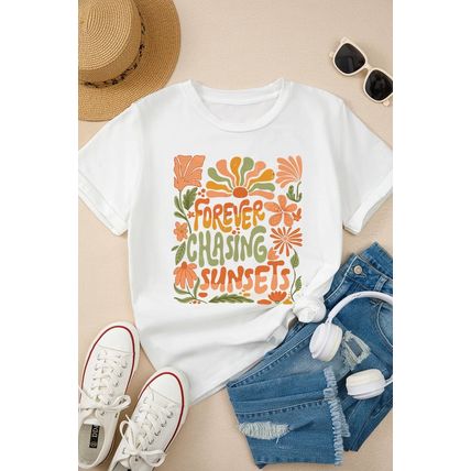 White FOREVER CHASING SUNSETS Floral Print T Shirt