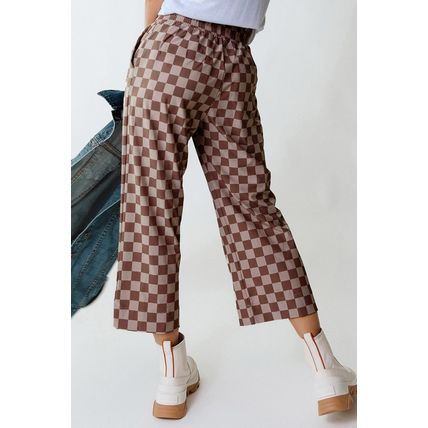 Khaki Checkered Elastic High Waist Loose Casual Pants