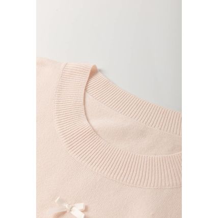 Oatmeal Pearl Bow Embellished Dolman Short Sleeve Sweater