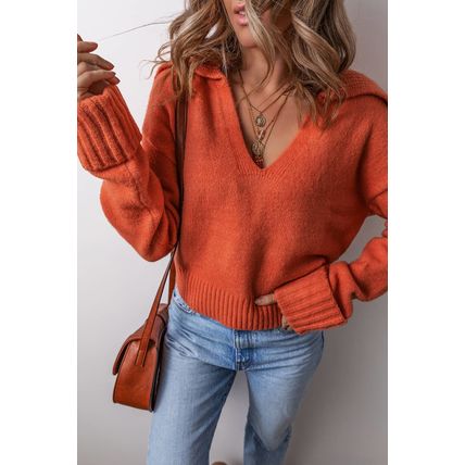 Flamingo Collared V Neck Ribbed Edge Sexy Elegant Sweater