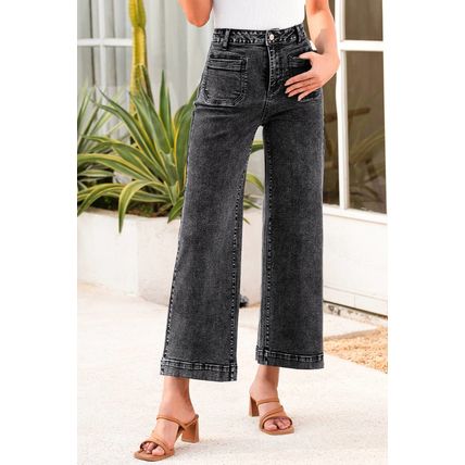 Black Chic Patch Pocket Straight Leg Loose Jeans