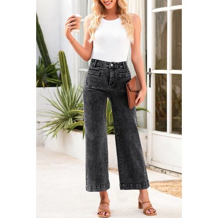 Black Chic Patch Pocket Straight Leg Loose Jeans