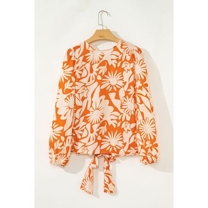Orange Floral Print Knotted Open Back Long Sleeve Blouse