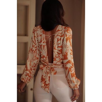 Orange Floral Print Knotted Open Back Long Sleeve Blouse