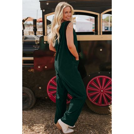 Evergreen Corduroy V Neck Patched Pocket Sleeveless Jumpsuit