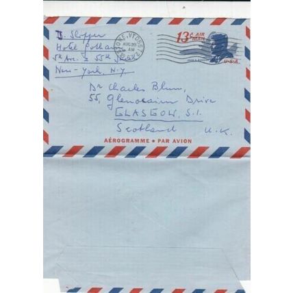 United States 1967 13c Kennedy Aerogramme Stowe VT-Glasgow UK posted VGC