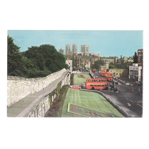 YORK MINSTER FROM CITY WALLS unused vintage postcard by colourmaster red buses #