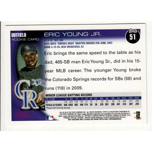2010 Topps baseball card 51 Eric Young Jr. Rookie Card RC - Rockies