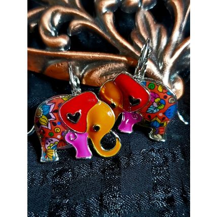 Enamel Elephant Earrings Red Ears, Orange Trunk