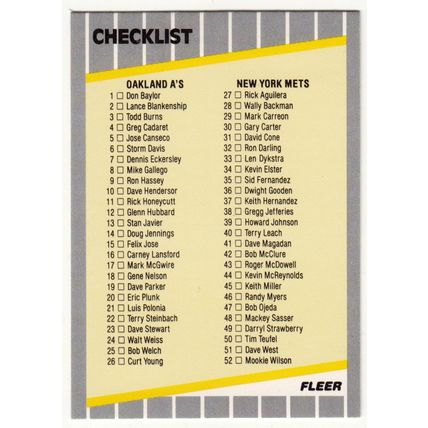 1989 Fleer Baseball Checklist Athletics, Mets, Dodgers, Red Sox card #654