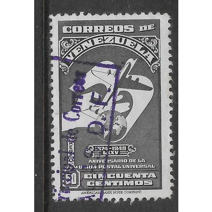 VENEZUELA 1950 ANNIV OF UPU 50c GREY HAND BIRD AIRPANE & GLOBE SG835 FINE USED