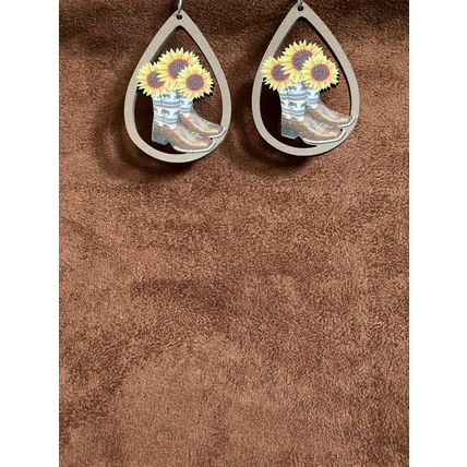 EARRINGS Cowboy Boots Sunflower Dangle Earrings Wooden #699
