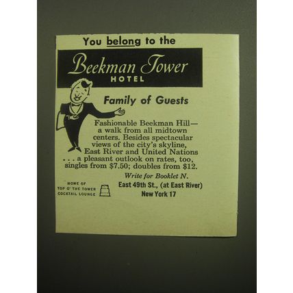 1958 Beekman Tower Hotel Ad - You belong to the Beekman Tower hotel