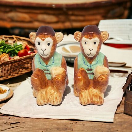 Twin Monkeys Salt & Pepper Shakers - Ceramic - Hand Painted