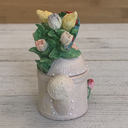 Vintage Bunny Rabbit Watering Can Lidded Trinket Box Tulips Roses Sun Bonnet Hat