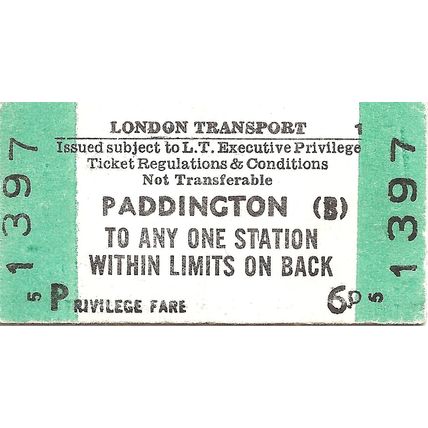 London Transport Edmondson Privilege Ticket - Paddington (B) - 6p.