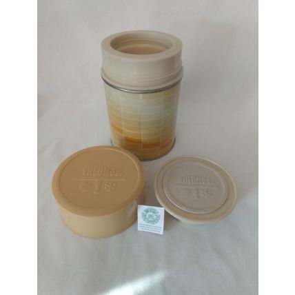 VINTAGE 1970s KING-SEELEY YELLOW GEOMETRIC PATTERN SOUP THERMOS w LID & STOPPER