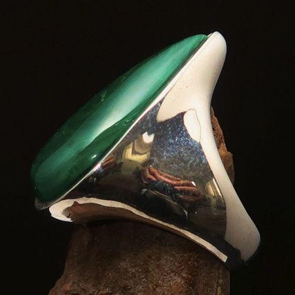 Minimalist mirror polished Sterling Silver Ring Green Pear Malachite - Size 10