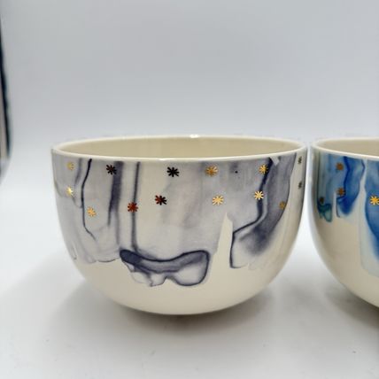 Anthropologie Night Sky Bowl Stoneware Blue Teal Drip Watercolor Wash Gold Star