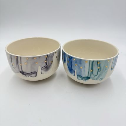 Anthropologie Night Sky Bowl Stoneware Blue Teal Drip Watercolor Wash Gold Star